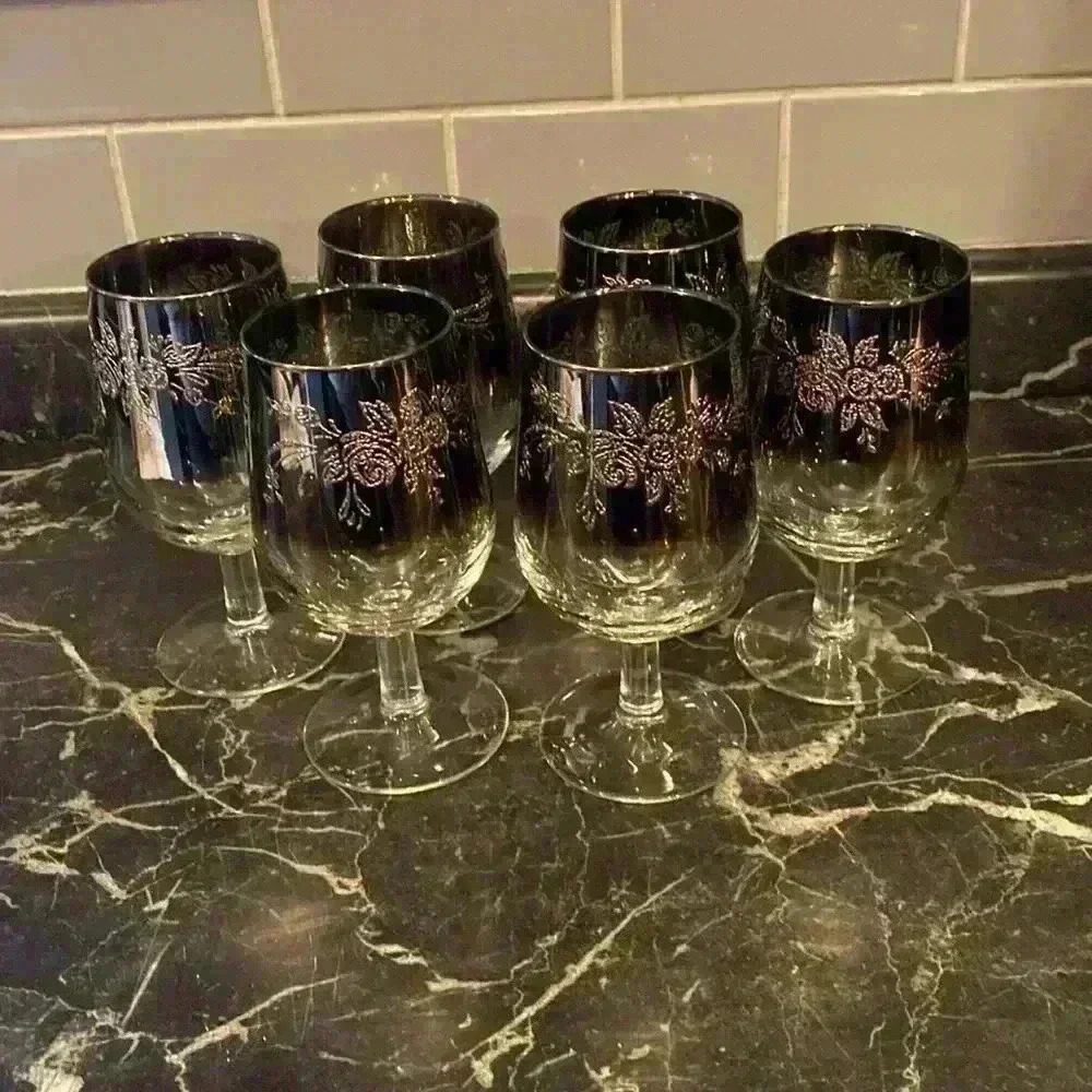 6 Vintage Silver Fade Wine Glasses Ombre WineGlasses, Leaf design made in France